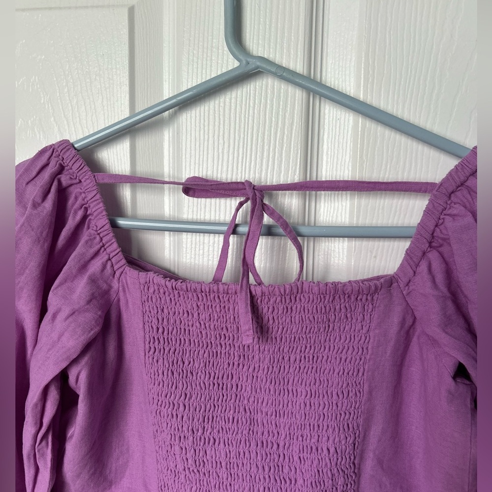 American Eagle Purple Linen Button Crop Puff Sleeve Top Size Medium - Picture 3 of 10